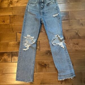 Agolde Blue Straight Leg Jeans with Distressed Details